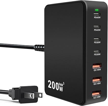 USB C Charger Block 200W 7 Port GaN Fast Charging Block Station, Multiport PD QC3.0 Brick Hub Compat (image for) USB C Charger Block 200W 7 Port GaN Fast Charging Block Station, Multiport PD QC3.0 Brick Hub Compat